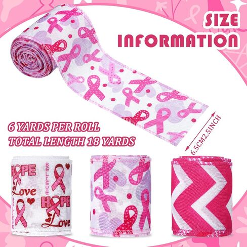 3 Rolls 18 Yards Breast Cancer Awareness Ribbon Pink Awareness Ribbon 2.5 Inch Wide Hope Love Printed Wired Bouquet Wreaths Wrap White Pink for DIY Craft Party Gift Wrapping in Saudi Arabia