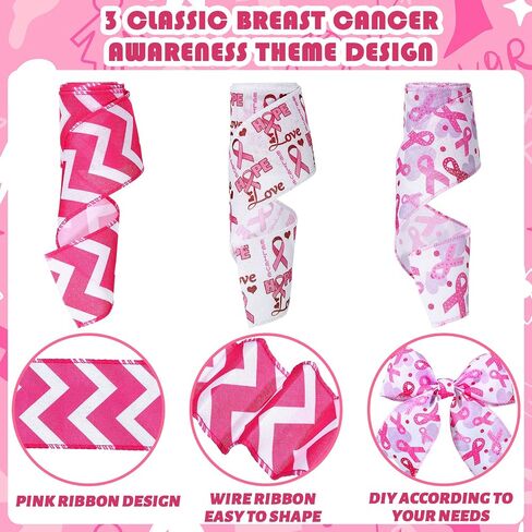 3 Rolls 18 Yards Breast Cancer Awareness Ribbon Pink Awareness Ribbon 2.5 Inch Wide Hope Love Printed Wired Bouquet Wreaths Wrap White Pink for DIY Craft Party Gift Wrapping in Saudi Arabia