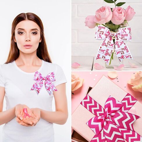 3 Rolls 18 Yards Breast Cancer Awareness Ribbon Pink Awareness Ribbon 2.5 Inch Wide Hope Love Printed Wired Bouquet Wreaths Wrap White Pink for DIY Craft Party Gift Wrapping in Saudi Arabia