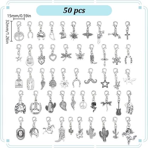 WEBEEDY 50 Styles Silver Clip on Charms Small Animal Flower Pendant with Lobster Clasps for DIY Jewelry Making,Mixed Shape Badge Reel Charm for ID Card Office Graduation Supplies Keychains Stitch Marker Accessories in Saudi Arabia