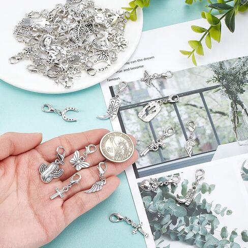 WEBEEDY 50 Styles Silver Clip on Charms Small Animal Flower Pendant with Lobster Clasps for DIY Jewelry Making,Mixed Shape Badge Reel Charm for ID Card Office Graduation Supplies Keychains Stitch Marker Accessories in Saudi Arabia