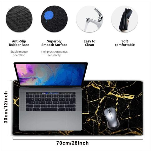 Stitched Edges Large Gaming Mouse Pad,Extended Mousepad with Non-Slip Rubber Base for Laptop Desktop Computer Keyboard Mat - Black Gold Marble in Saudi Arabia