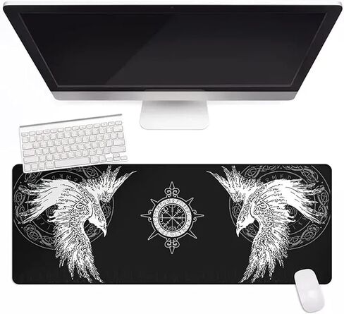 Viking Raven Rune Vegvisir Mouse Mat, 3D Print Tattoo Big Extended Desk Game Keyboard Pad with Non-Slip Base and Stitched Edge for Office & Home,Black,35.4" x 15.7" in Saudi Arabia