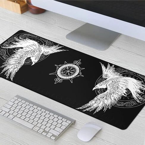Viking Raven Rune Vegvisir Mouse Mat, 3D Print Tattoo Big Extended Desk Game Keyboard Pad with Non-Slip Base and Stitched Edge for Office & Home,Black,35.4" x 15.7" in Saudi Arabia