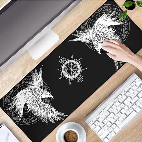 Viking Raven Rune Vegvisir Mouse Mat, 3D Print Tattoo Big Extended Desk Game Keyboard Pad with Non-Slip Base and Stitched Edge for Office & Home,Black,35.4" x 15.7" in Saudi Arabia