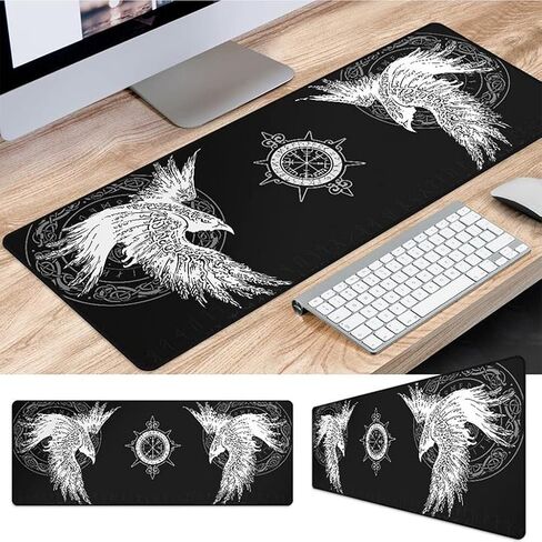 Viking Raven Rune Vegvisir Mouse Mat, 3D Print Tattoo Big Extended Desk Game Keyboard Pad with Non-Slip Base and Stitched Edge for Office & Home,Black,35.4" x 15.7" in Saudi Arabia