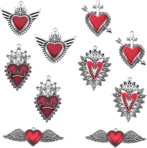 Sunnyclue 1 Box 20PCS HEART HEART SHARM SILVER HEART MONAMEL SHARMS Bulk Vintage Love Red Sacred Heart Mexican Milagro Halloween Charms for Jewelry Making Charm Valentine's Day Arrings DIY Crafts in Saudi Arabia