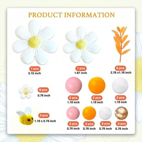 43Pcs Daisy Flower Boho Groovy Cake Topper Mini Balls Cake Decorations Bee Cake Toppers for Women Girls Kids Birthday Baby Shower Wedding Daisy Flower Bee Hippie Themed Party Supplies in Saudi Arabia