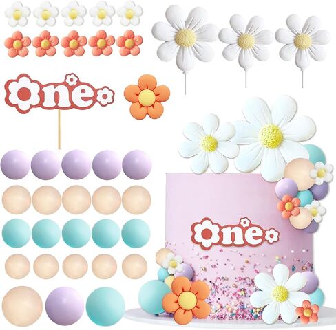 43Pcs Daisy Flower Boho Groovy Cake Topper Mini Balls Cake Decorations Bee Cake Toppers for Women Girls Kids Birthday Baby Shower Wedding Daisy Flower Bee Hippie Themed Party Supplies in Saudi Arabia