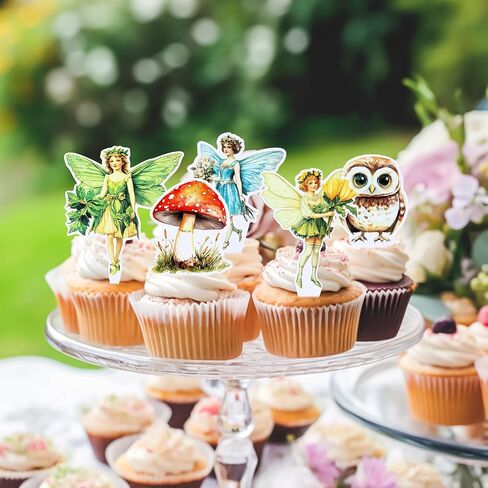 Honeydak 36 Pcs Woodland Fairy Cupcake Toppers Birthday Party Forest Cupcake Toppers Angel Fairy Theme Birthday Party Decoration for Girls Supplies for Wooden Baby Shower Wedding Garden in Saudi Arabia