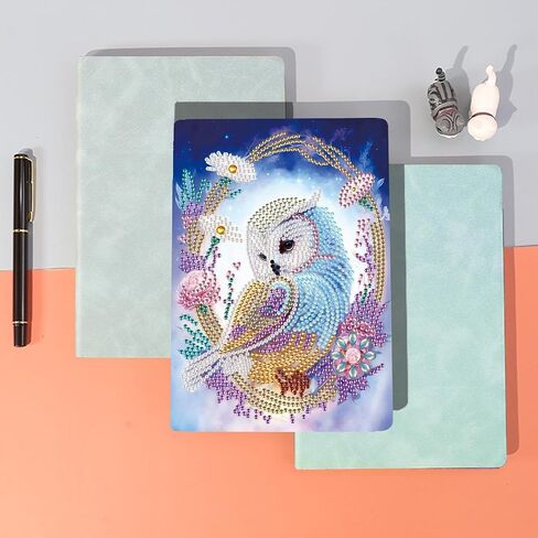 5D Diamond Art Painting دفاتر ، 50 ورقة / 100 صفحة ، غطاء فني جلدي خاص برسم كرتيب DIY Diamond A5 Bookbook Sketchbook للرسم Dream Journal (OWL) in Kuwait
