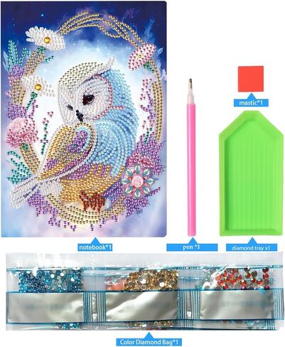 5D Diamond Art Painting دفاتر ، 50 ورقة / 100 صفحة ، غطاء فني جلدي خاص برسم كرتيب DIY Diamond A5 Bookbook Sketchbook للرسم Dream Journal (OWL) in Kuwait
