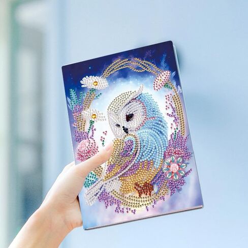 5D Diamond Art Painting دفاتر ، 50 ورقة / 100 صفحة ، غطاء فني جلدي خاص برسم كرتيب DIY Diamond A5 Bookbook Sketchbook للرسم Dream Journal (OWL) in Kuwait
