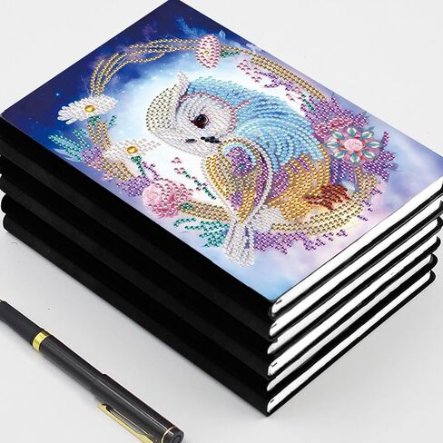 5D Diamond Art Painting دفاتر ، 50 ورقة / 100 صفحة ، غطاء فني جلدي خاص برسم كرتيب DIY Diamond A5 Bookbook Sketchbook للرسم Dream Journal (OWL) in Kuwait