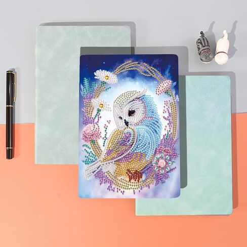 5D Diamond Art Painting دفاتر ، 50 ورقة / 100 صفحة ، غطاء فني جلدي خاص برسم كرتيب DIY Diamond A5 Bookbook Sketchbook للرسم Dream Journal (OWL) in Kuwait