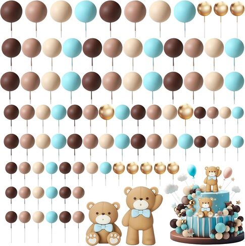 Geelin 101 PCS Bear Ball Cake Toppers Blue Brown Gold Gold Khaki Mini Balloons Foam Balls Cake Toppers for Beird Birthder Baby Shower Dread in Saudi Arabia