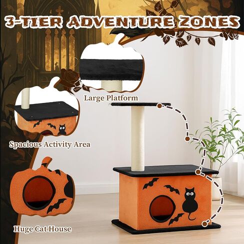 61" Halloween Cat Tree for Large Cats, Spooky Themed Cat Tower with 2 Condos, 2 Padded Perches, 2 Cozy Hammocks & Scratching Posts, Multi-Level Playhouse with Hanging Toy, Black & Orange in Saudi Arabia
