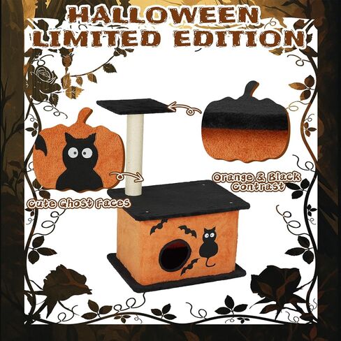 61" Halloween Cat Tree for Large Cats, Spooky Themed Cat Tower with 2 Condos, 2 Padded Perches, 2 Cozy Hammocks & Scratching Posts, Multi-Level Playhouse with Hanging Toy, Black & Orange in Saudi Arabia