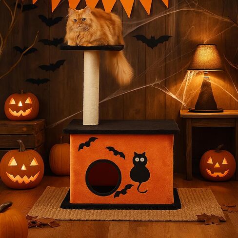 61" Halloween Cat Tree for Large Cats, Spooky Themed Cat Tower with 2 Condos, 2 Padded Perches, 2 Cozy Hammocks & Scratching Posts, Multi-Level Playhouse with Hanging Toy, Black & Orange in Saudi Arabia