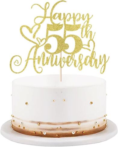 LVEUD Gold Glitter 'Happy 55th Anniversary' Cake Topper - Wedding & Birthday Party Decorations, 1 x 8"W x 7"H, Cardstock in Kuwait