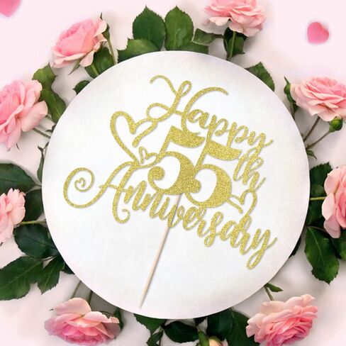 LVEUD Gold Glitter 'Happy 55th Anniversary' Cake Topper - Wedding & Birthday Party Decorations, 1 x 8"W x 7"H, Cardstock in Kuwait