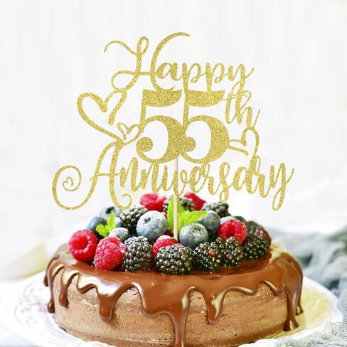 LVEUD Gold Glitter 'Happy 55th Anniversary' Cake Topper - Wedding & Birthday Party Decorations, 1 x 8"W x 7"H, Cardstock in Kuwait