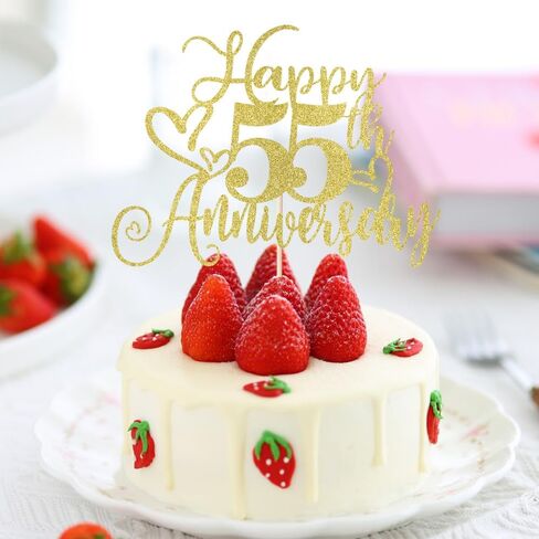 LVEUD Gold Glitter 'Happy 55th Anniversary' Cake Topper - Wedding & Birthday Party Decorations, 1 x 8"W x 7"H, Cardstock in Kuwait