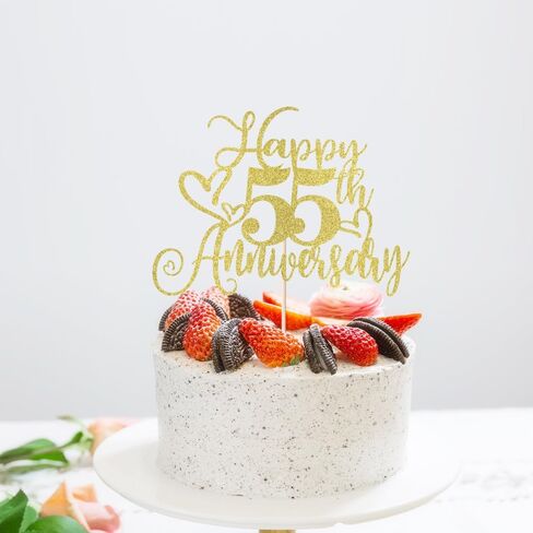 LVEUD Gold Glitter 'Happy 55th Anniversary' Cake Topper - Wedding & Birthday Party Decorations, 1 x 8"W x 7"H, Cardstock in Kuwait