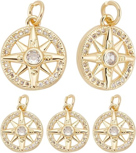 Beebeecraft 1 Box 10Pcs Compass Charms Micro Pave Cubic Zirconia Crystal Stone Golden Flat Round Pendants 13x16x3mm for DIY Jewelry Making Findings in Saudi Arabia