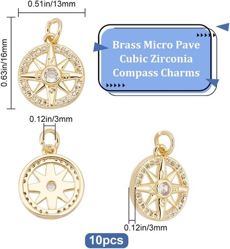 Beebeecraft 1 Box 10Pcs Compass Charms Micro Pave Cubic Zirconia Crystal Stone Golden Flat Round Pendants 13x16x3mm for DIY Jewelry Making Findings in Saudi Arabia