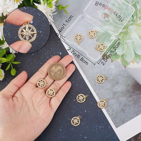 Beebeecraft 1 Box 10Pcs Compass Charms Micro Pave Cubic Zirconia Crystal Stone Golden Flat Round Pendants 13x16x3mm for DIY Jewelry Making Findings in Saudi Arabia
