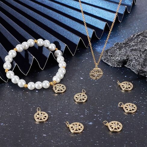 Beebeecraft 1 Box 10Pcs Compass Charms Micro Pave Cubic Zirconia Crystal Stone Golden Flat Round Pendants 13x16x3mm for DIY Jewelry Making Findings in Saudi Arabia