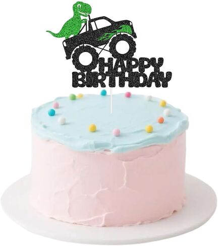 Dino Monster Truck Birthday Cake Topper - Black & Green Glitter Party Decor - Fun Dinosaur-Themed Celebration Topper for Kids - Sparkling Cake Decoration for Boys & Girls in Saudi Arabia