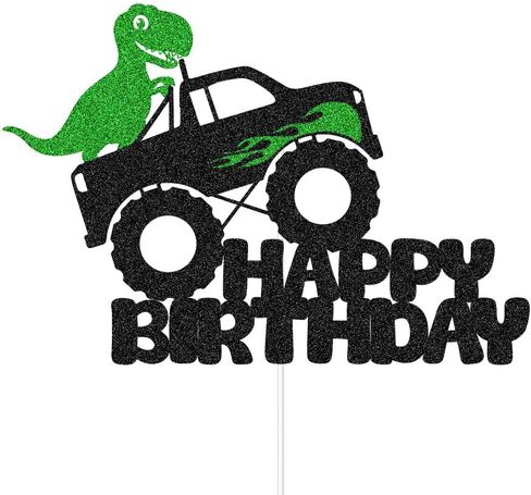 Dino Monster Truck Birthday Cake Topper - Black & Green Glitter Party Decor - Fun Dinosaur-Themed Celebration Topper for Kids - Sparkling Cake Decoration for Boys & Girls in Saudi Arabia