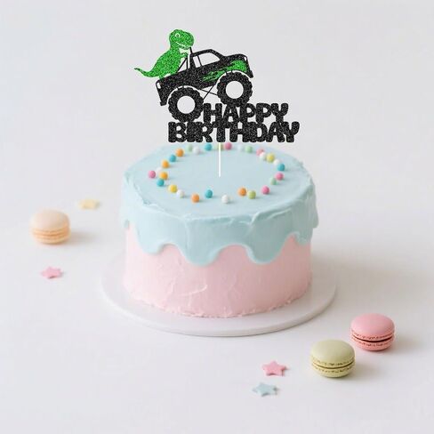 Dino Monster Truck Birthday Cake Topper - Black & Green Glitter Party Decor - Fun Dinosaur-Themed Celebration Topper for Kids - Sparkling Cake Decoration for Boys & Girls in Saudi Arabia