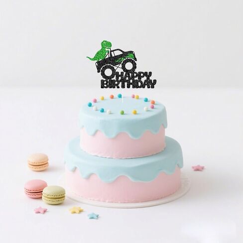 Dino Monster Truck Birthday Cake Topper - Black & Green Glitter Party Decor - Fun Dinosaur-Themed Celebration Topper for Kids - Sparkling Cake Decoration for Boys & Girls in Saudi Arabia