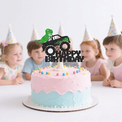 Dino Monster Truck Birthday Cake Topper - Black & Green Glitter Party Decor - Fun Dinosaur-Themed Celebration Topper for Kids - Sparkling Cake Decoration for Boys & Girls in Saudi Arabia