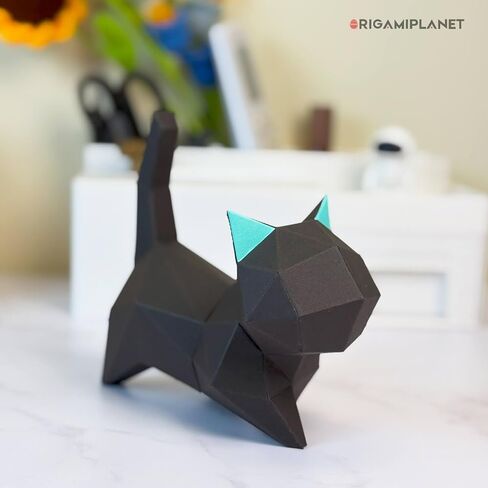 ORIGAMIPLANET 3D Origami Paper Craft Kit, Walk Kitten Cute DIY Pre-Cut Animal Papercraft Model for Beginners, Fun Handmade Home Decoration Gift for Adults & Kids-Black in Saudi Arabia