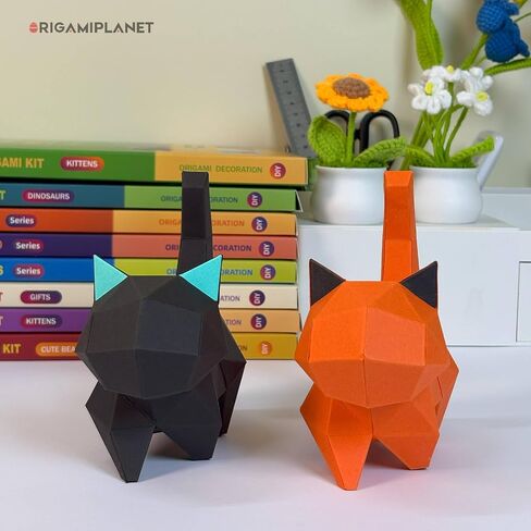 ORIGAMIPLANET 3D Origami Paper Craft Kit, Walk Kitten Cute DIY Pre-Cut Animal Papercraft Model for Beginners, Fun Handmade Home Decoration Gift for Adults & Kids-Black in Saudi Arabia