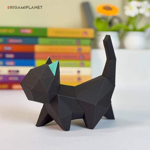 ORIGAMIPLANET 3D Origami Paper Craft Kit, Walk Kitten Cute DIY Pre-Cut Animal Papercraft Model for Beginners, Fun Handmade Home Decoration Gift for Adults & Kids-Black in Saudi Arabia