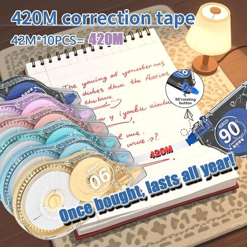 changli 10 pack 1653inch شريط تصحيح أبيض ، إجمالي 16530 بوصة ، طرف دوار 90 درجة ، تصميم مريح ، مكتب مقاومة للدموع أو لوازم مدرسية ، يشمل حقيبة التخزين in Kuwait