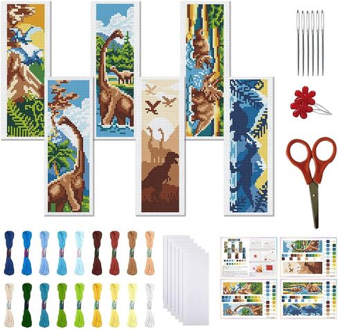 FREEBLOSS 6 Set Cross Stitch Bookmark Kit Stamped Cross Stitch Kit for Beginners Dinosaur Scene Embroidery Set with Instruction for Adults 8"*2.4" in Saudi Arabia