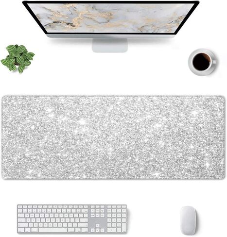 Silver Glitter Large Gaming Mouse Pad 31.5"x11.8" Waterproof Non-Slip Desk Mat for Office/Gaming Keyboard and Mouse with Rubber Base for Home and Work in Saudi Arabia