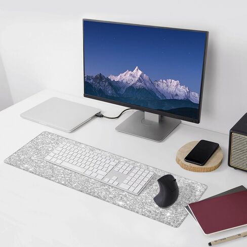 Silver Glitter Large Gaming Mouse Pad 31.5"x11.8" Waterproof Non-Slip Desk Mat for Office/Gaming Keyboard and Mouse with Rubber Base for Home and Work in Saudi Arabia