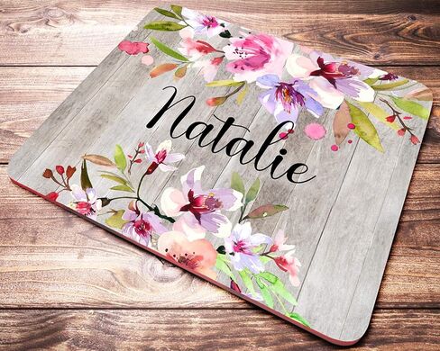 Personalized Floral Name Mouse Pad Custom Pink Watercolor Cherry Blossoms On Faux Wood Mousepad Desk Accessories Decor for Women in Saudi Arabia