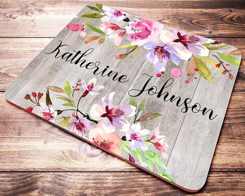 Personalized Floral Name Mouse Pad Custom Pink Watercolor Cherry Blossoms On Faux Wood Mousepad Desk Accessories Decor for Women in Saudi Arabia