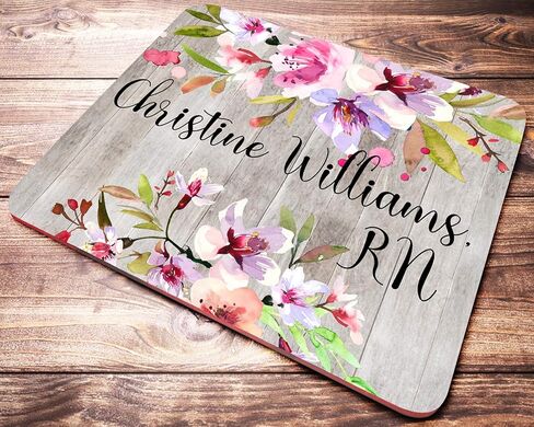 Personalized Floral Name Mouse Pad Custom Pink Watercolor Cherry Blossoms On Faux Wood Mousepad Desk Accessories Decor for Women in Saudi Arabia