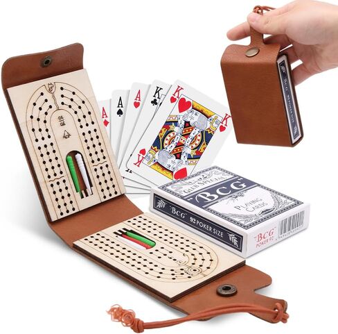 مجموعة ألعاب Cribbage القابلة للطي Cribbage ، مجموعة لوحات Cribbage الجلدية - 6 أوتاد ، بطاقة تشغيل واحدة وتعليمات ، لوحة Cribbage المحمولة مع منطقة تخزين لعشاق Cribbage (1pcs) in Kuwait