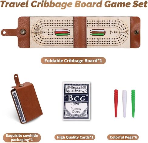 مجموعة ألعاب Cribbage القابلة للطي Cribbage ، مجموعة لوحات Cribbage الجلدية - 6 أوتاد ، بطاقة تشغيل واحدة وتعليمات ، لوحة Cribbage المحمولة مع منطقة تخزين لعشاق Cribbage (1pcs) in Kuwait