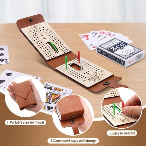 مجموعة ألعاب Cribbage القابلة للطي Cribbage ، مجموعة لوحات Cribbage الجلدية - 6 أوتاد ، بطاقة تشغيل واحدة وتعليمات ، لوحة Cribbage المحمولة مع منطقة تخزين لعشاق Cribbage (1pcs) in Kuwait